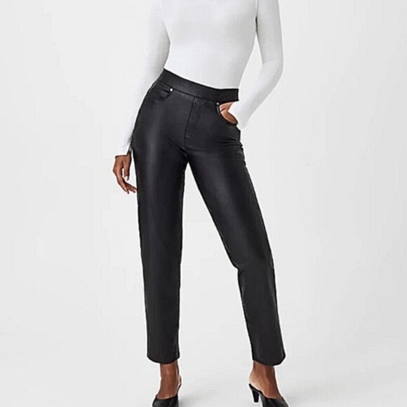 SPANX Pants - NWT SPANX II Slim Straight Faux Leather Pant Luxe Black 20528Q Women's 1X PETITE